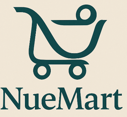 Logo of NueMart with a shopping cart icon on a beige background